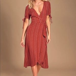 Lulu’s Tabatha Wine Red Print Wrap Midi Dress